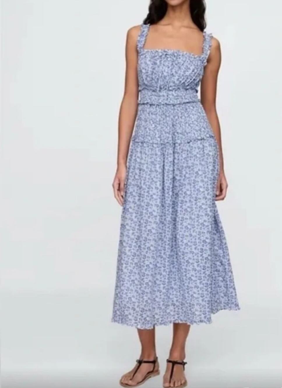 Gap × DÔEN Blue Floral Midi Dress Ruffle (S)